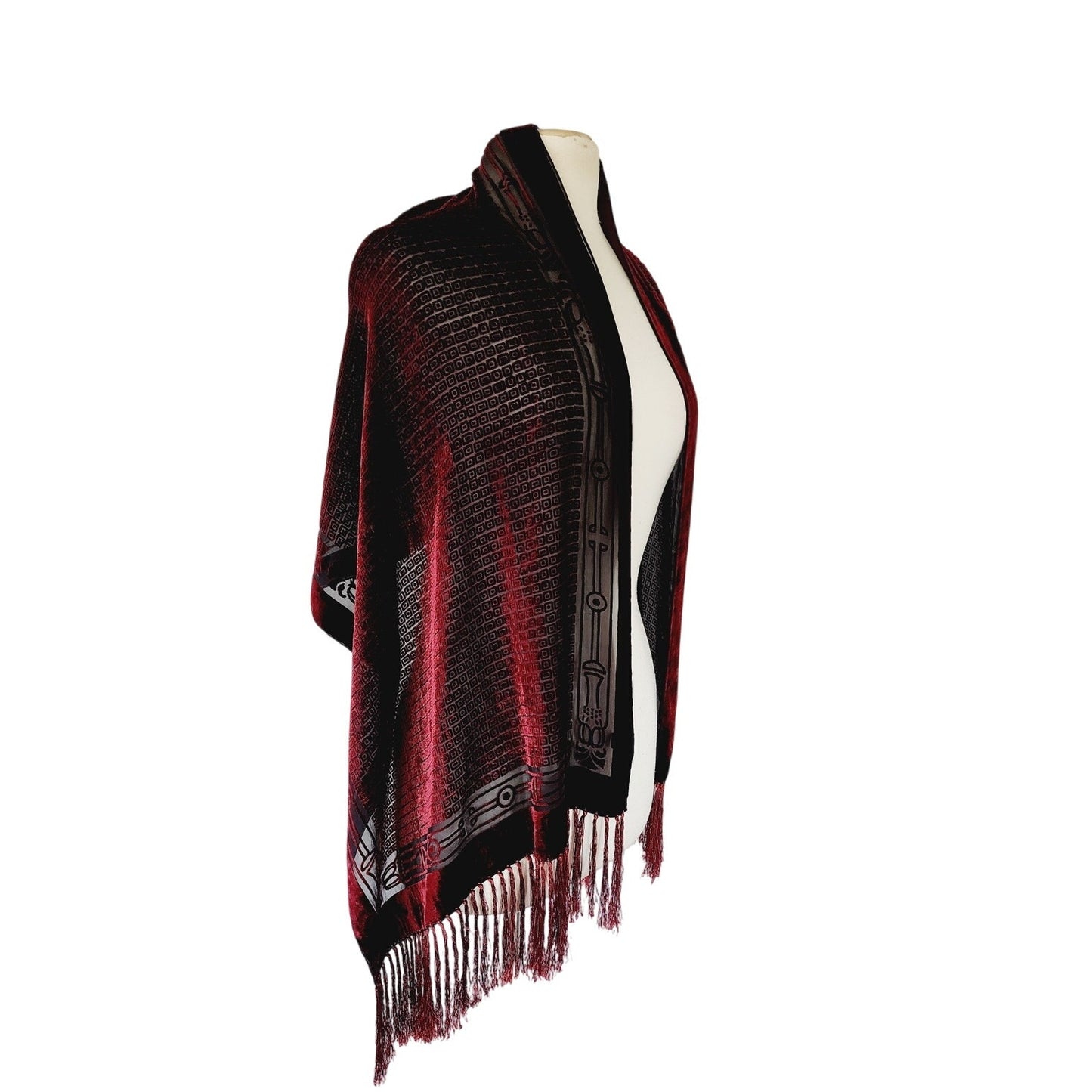 Vintage 90s Burnout Velvet Scarf Burgundy Red Velvet Fringed