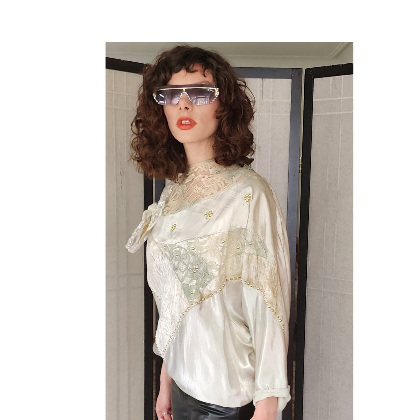Vintage 80s Maick Harold Blouse Tunic Velvet Lace Sequins Applique Embroidery