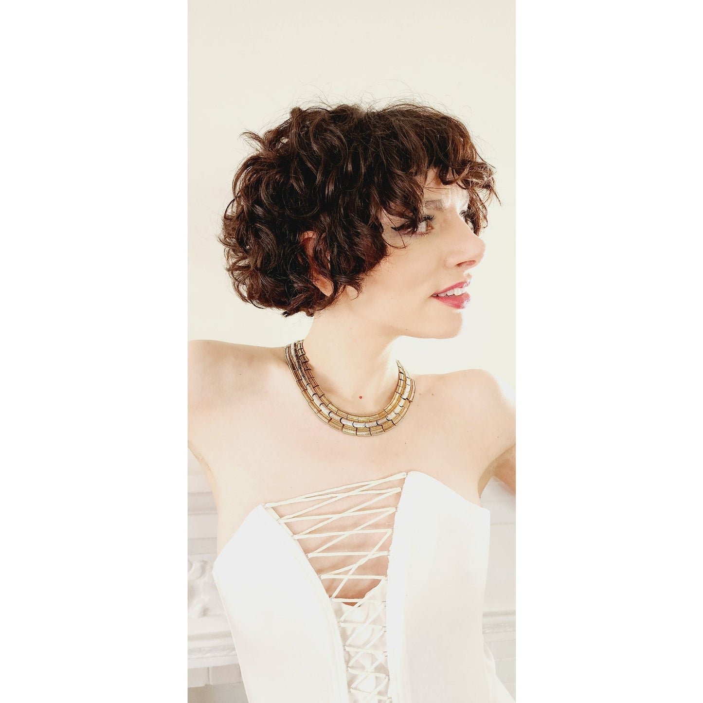 Vintage 70s Gold Metal Choker Necklace Egyptian Revival