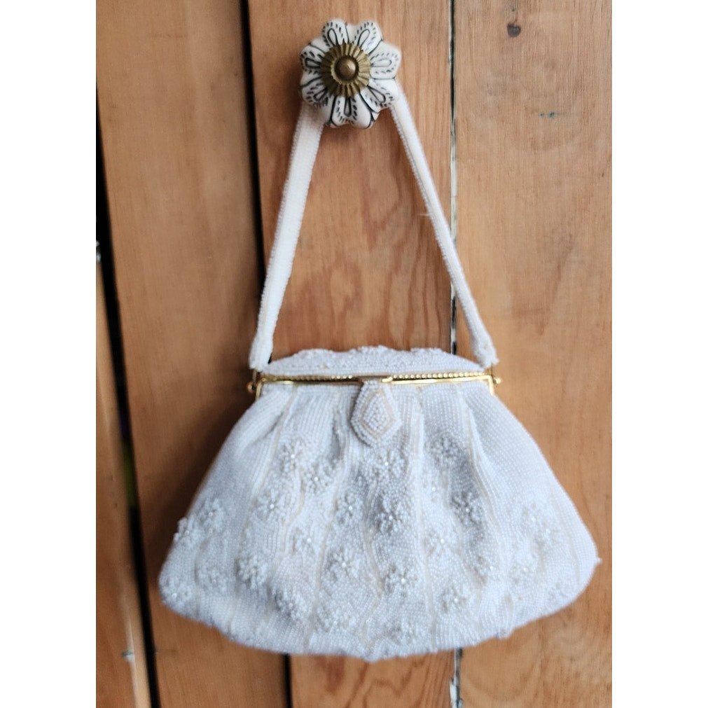 Vintage 50s Evening Bag White Beads Walborg