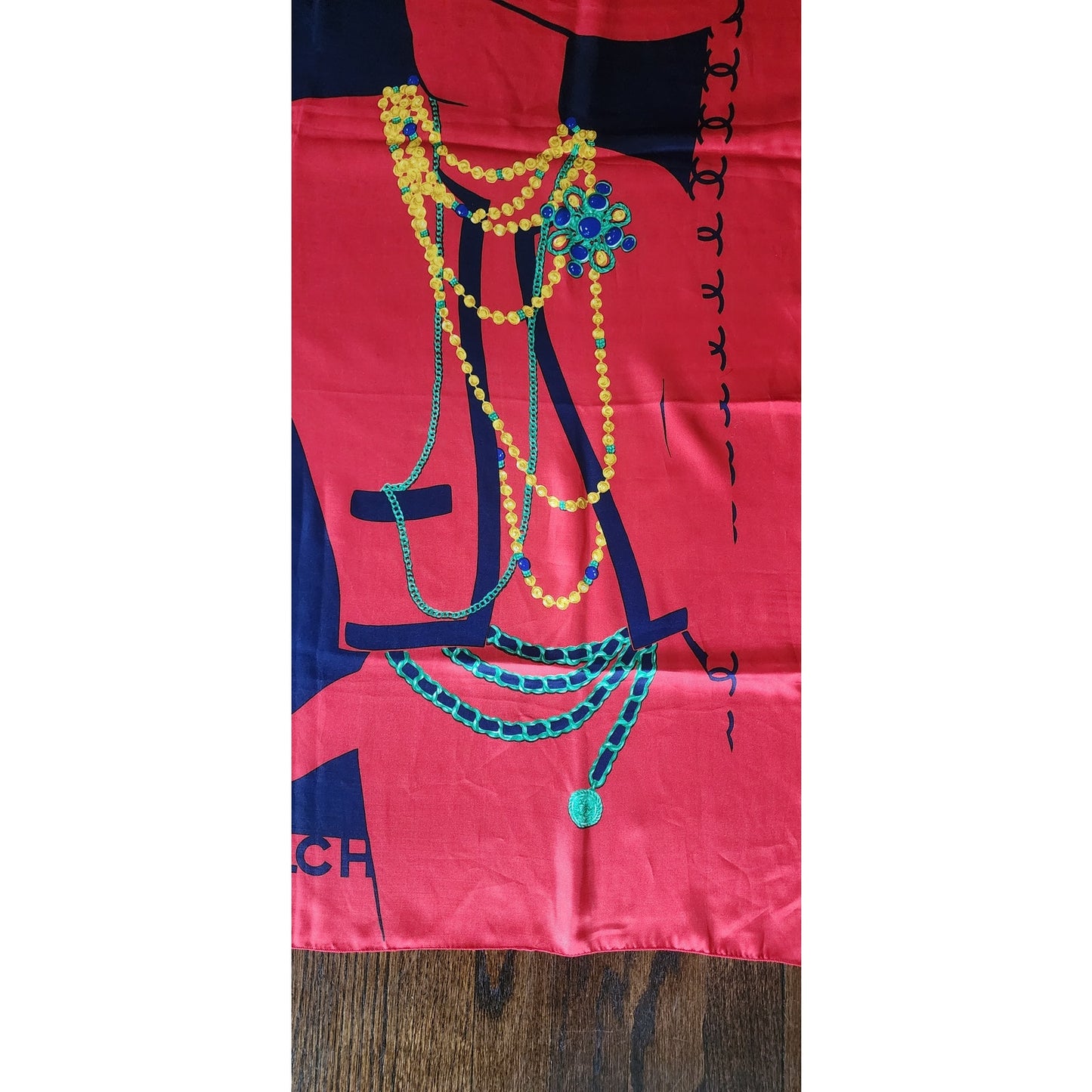 Vintage 90s Chanel Signature "Coco Portrait with Jewelry" Silk Scarf