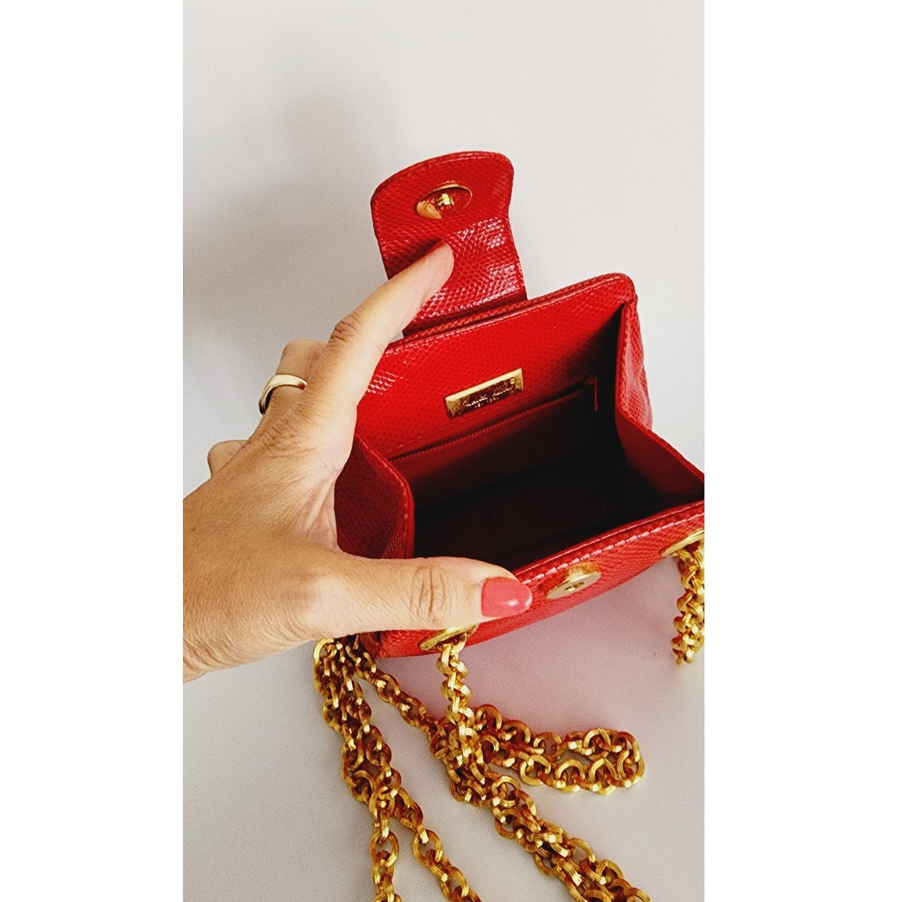 Vintage 90s Judith Leiber Bag Red Lizard Leather Gold Minaudiere