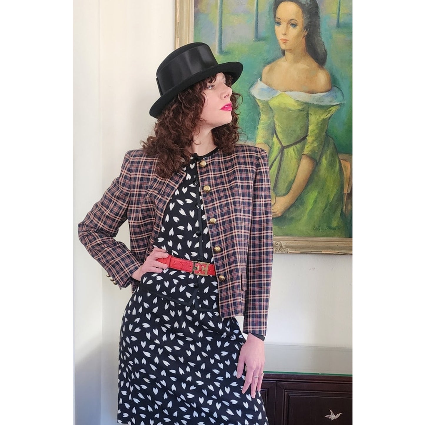 Vintage 80s Jaeger Blazer Navy Blue Brown Plaid Wool Blend