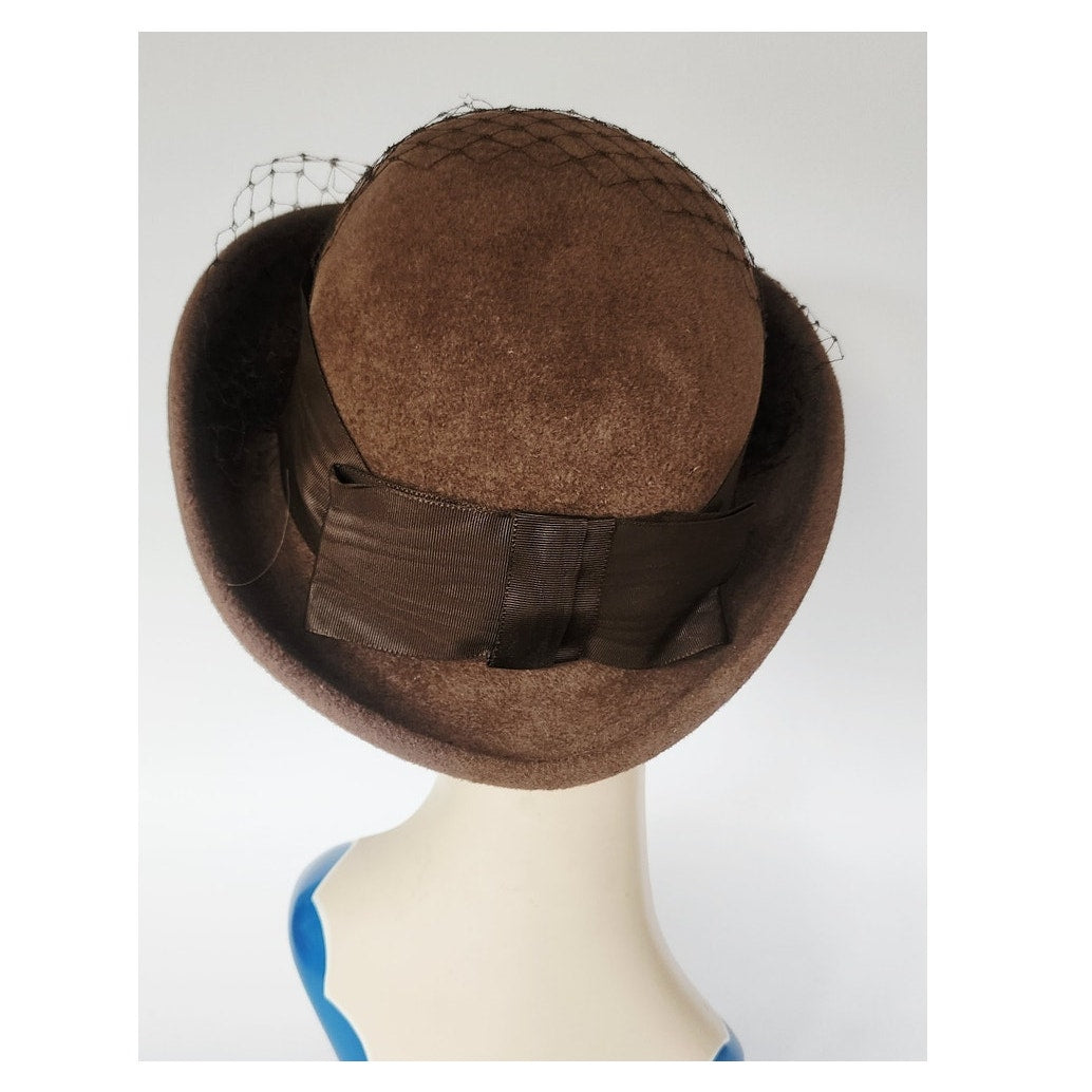 Vintage 1980s Ladies Bowler Hat Brown Wool w/Veil & Bow Betmar