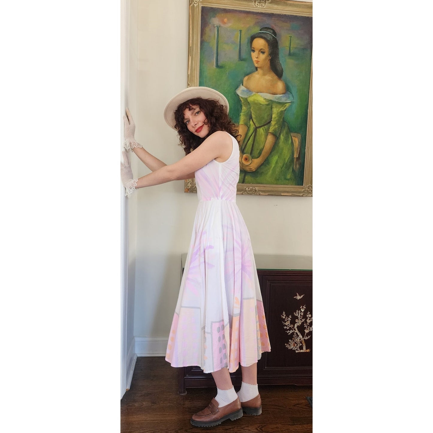 Vintage 90s Cotton Print Sun Dress Sleeveless White Pink Cityscape Print Circle Skirt / S