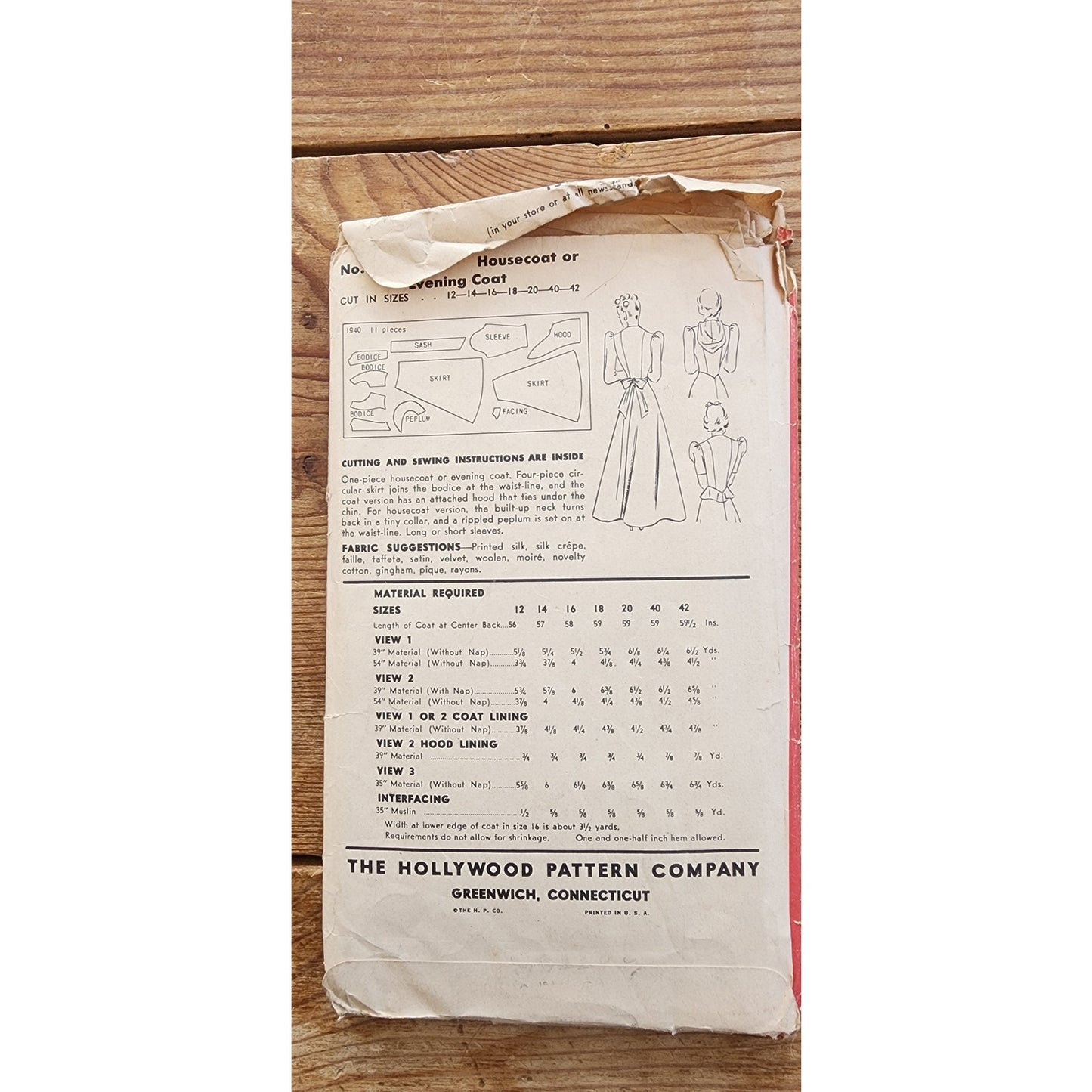 Vintage 40s Sewing Pattern ORIGINAL: Housecoat or Evening Coat Hollywood 1940