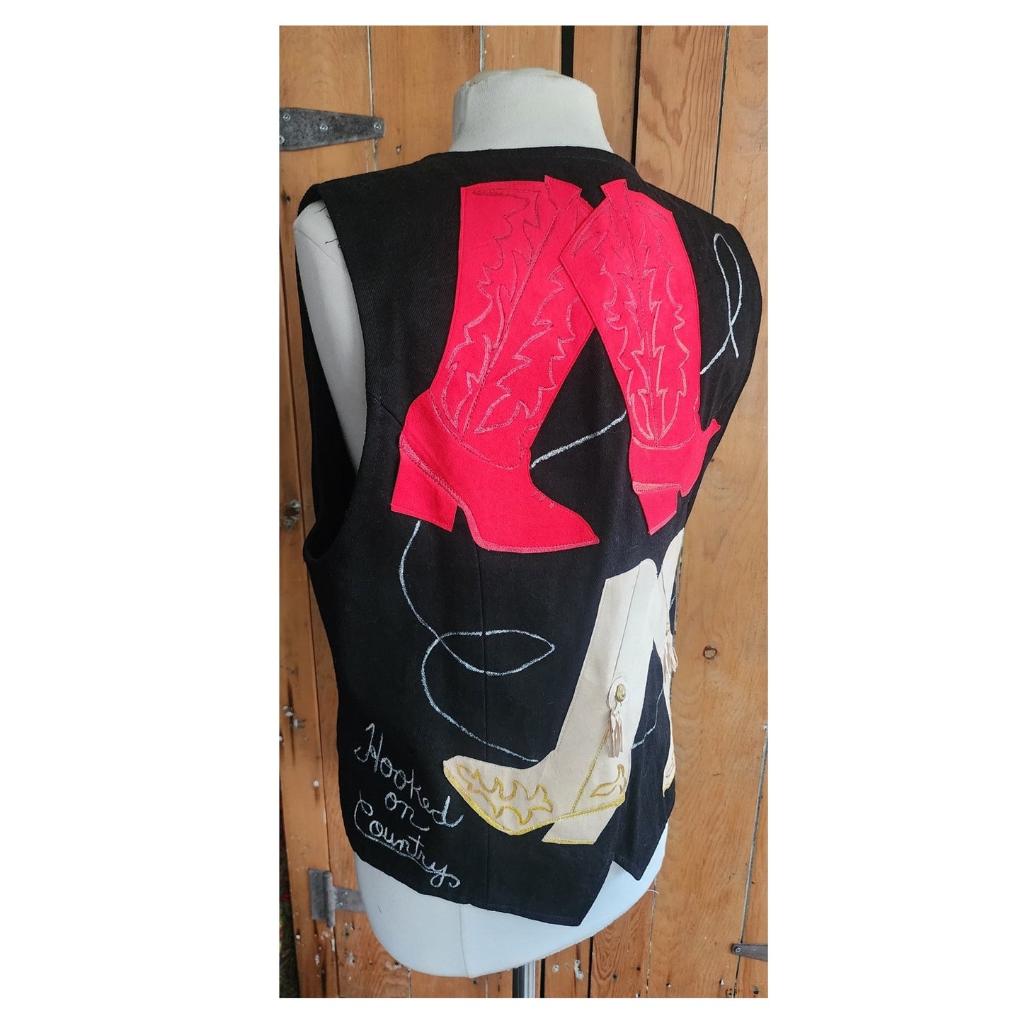 Vintage Womens Vest "Hooked On Country" Cowboy Boots Horses Equestrian Applique / Large