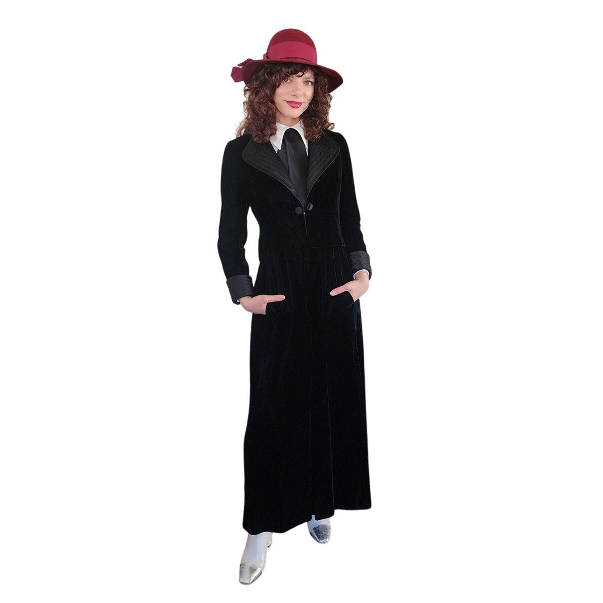 Vintage 70s Tuxedo Style Maxi Dress + Jacket Set Black Velvet Joseph Stein Muriel Reade
