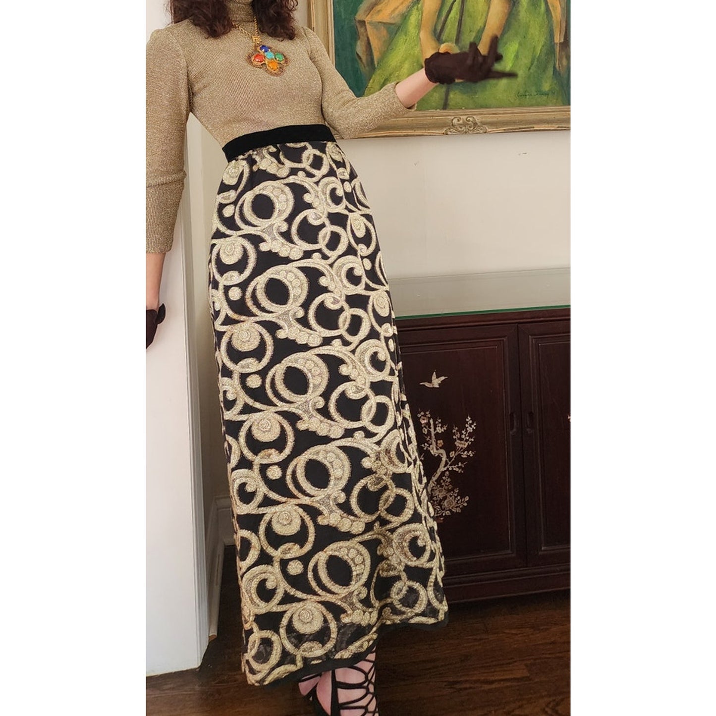 Vintage 1970s Gold & Black Maxi Dress Metallic Spiral Swirl / S