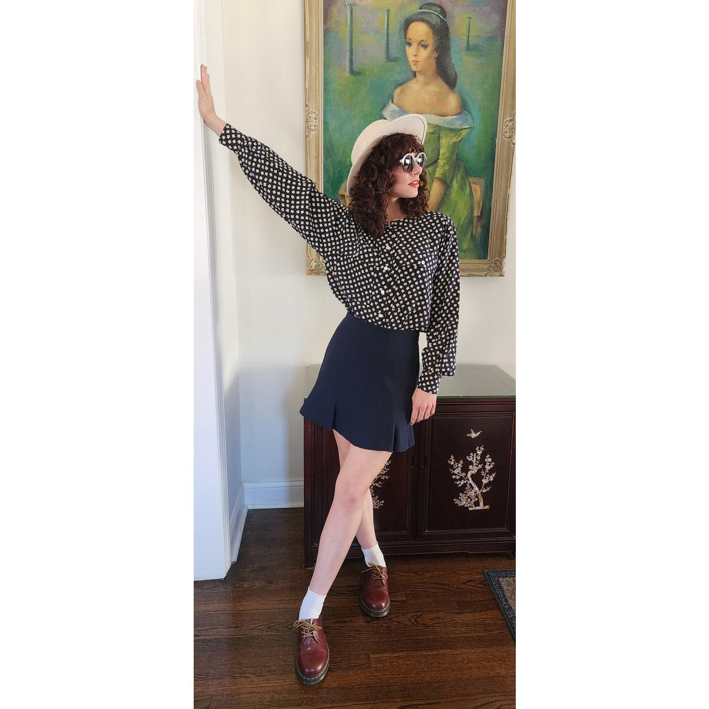 Vintage 80s Escada Blouse Navy Blue White Silkprint Shirt