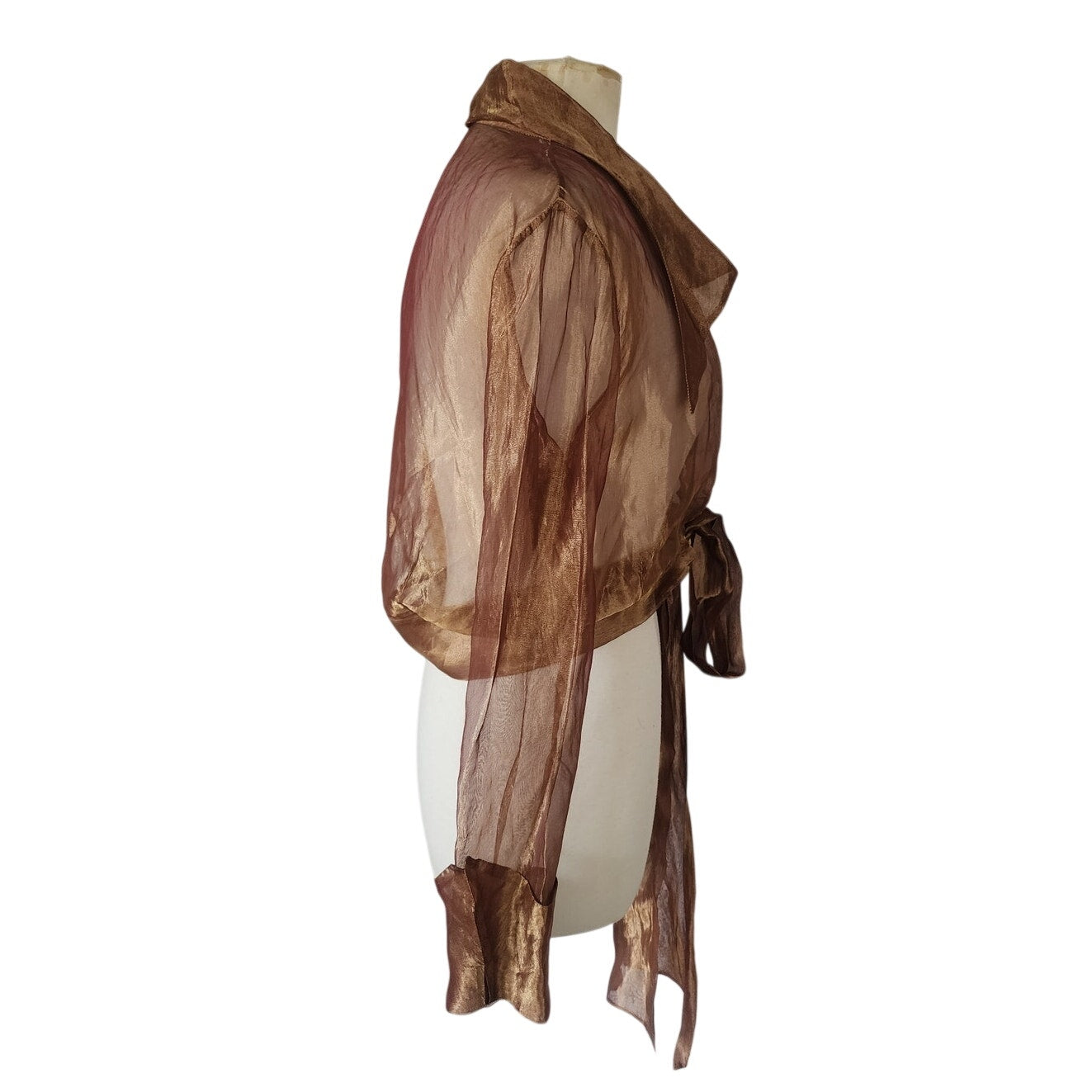 Vintage 90s Sheer Organza Blouse Jacket Copper Brown Sash Tie Belt