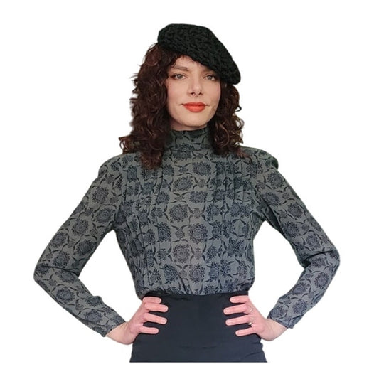 Vintage 80s UNGARO Blouse Gray Silkprint Shirt Back Buttons
