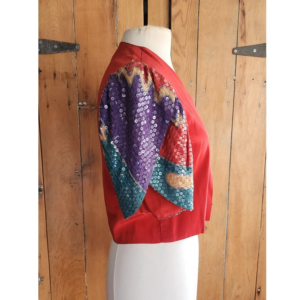 80s Cropped Jacket Red Silk + Sequined Sleees Sansappelle