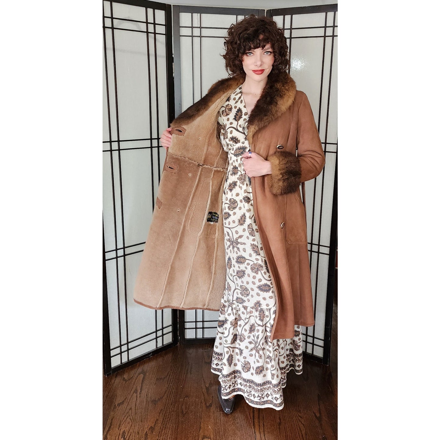 Vintage 70s Brown Suede Afghan Coat Shearling Lined Collar Cuffs Petite