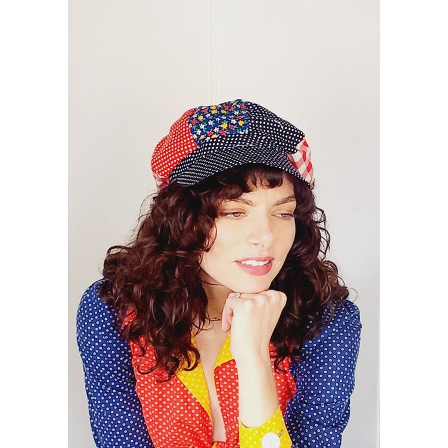 Vintage 70s Patchwork Quilt Hat Newsboy Hat Gingham Print Boho