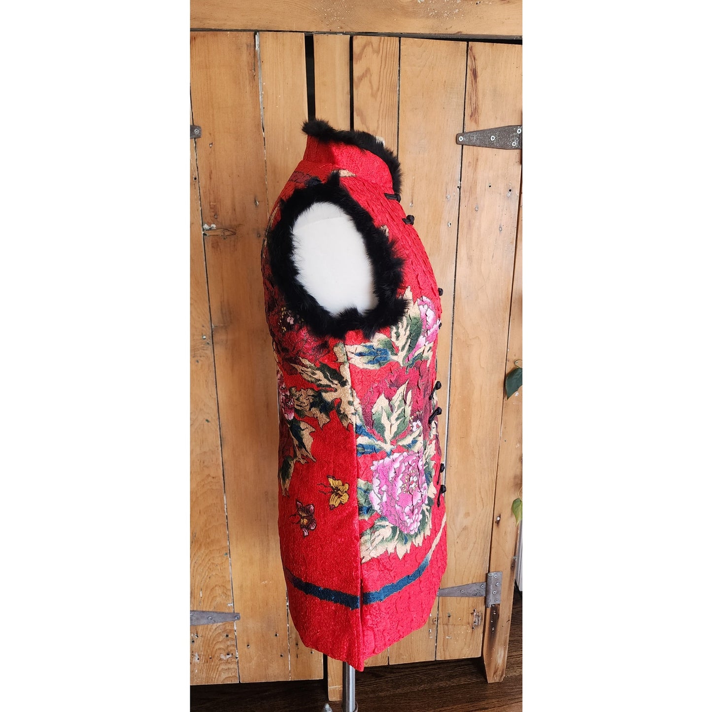 Chinese Costume Style Vest Waistcoat Rabbit Fur Trim Quilted Red Floral Print / XL