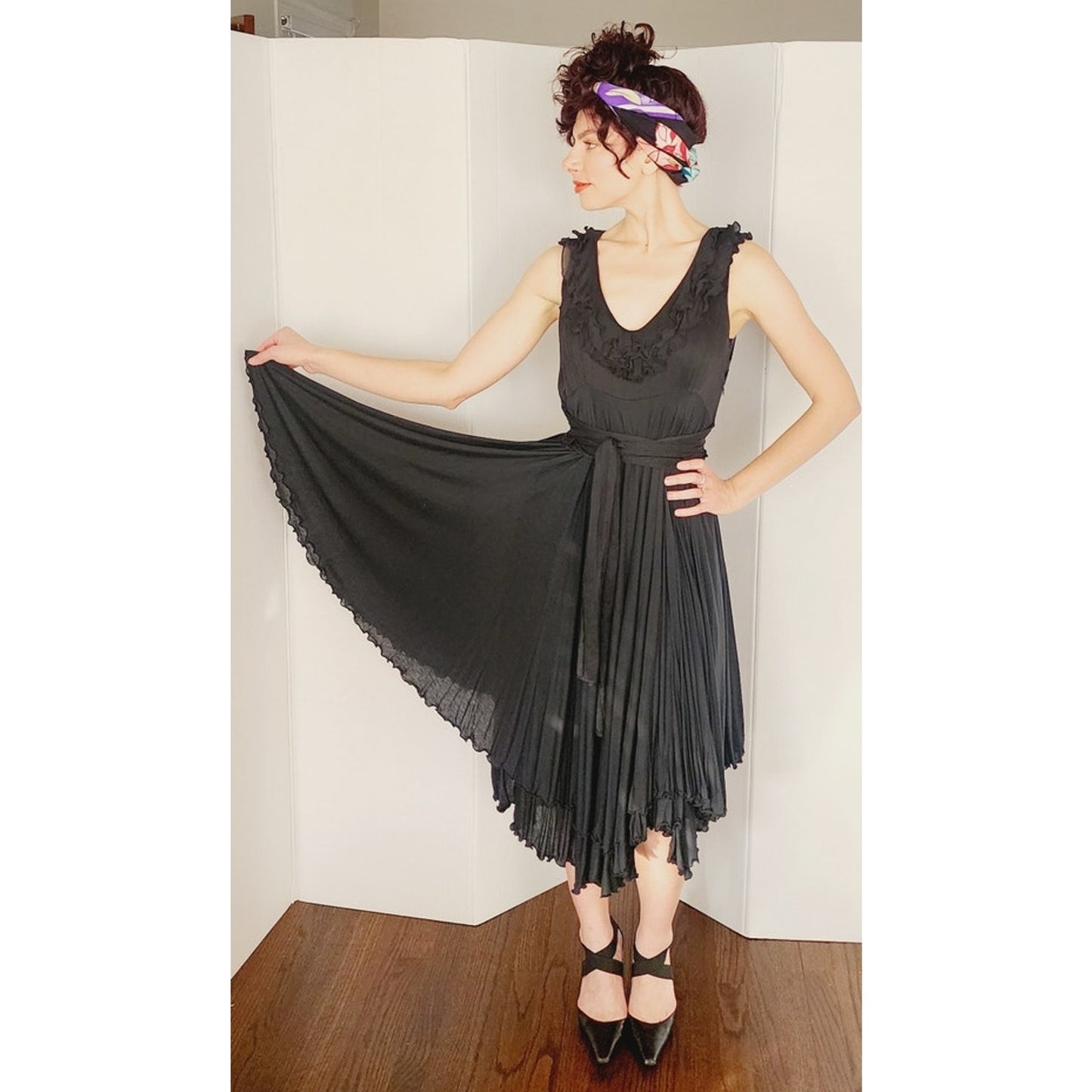 Vintage 2000s Etro Sun Dress Black Cotton w/ Asymmetrical Skirt Medium