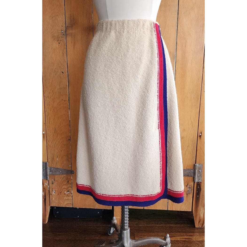 Vintage 60s Adolfo Skirt Suit Cream Blue Red Knit in Chanel Style