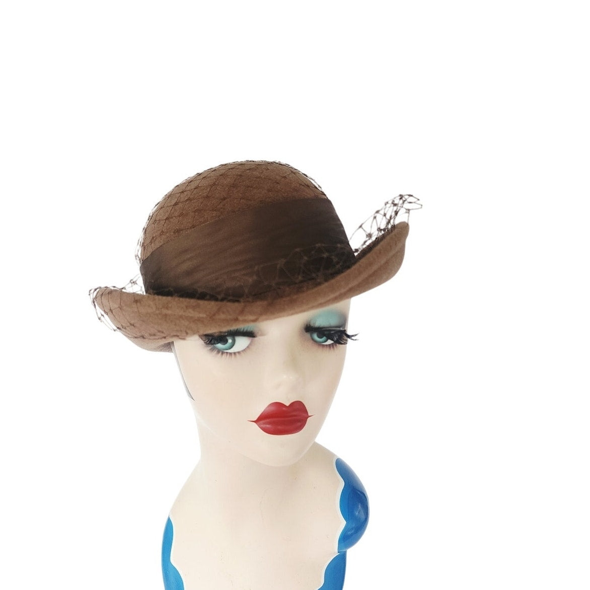Vintage 1980s Ladies Bowler Hat Brown Wool w/Veil & Bow Betmar