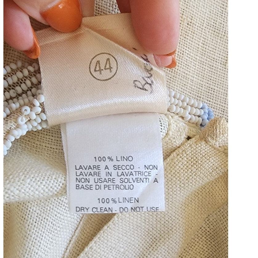 80s Krizia Top Cream Flax Linen Sleeveless Beaded Blue Rose Peter Pan Collar