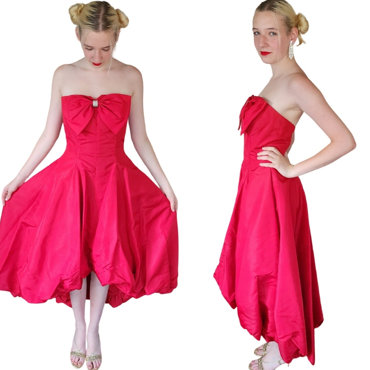 Vintage 80s Red Party Dress Strapless w/ Bubble Skirt & Bow by Climax