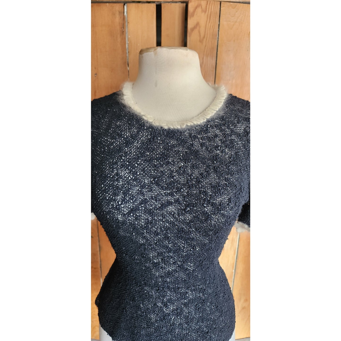 Vintage 50s Knit Top Navy Blue w/ Cream Crochet Trim Scotch Wool Shop / S