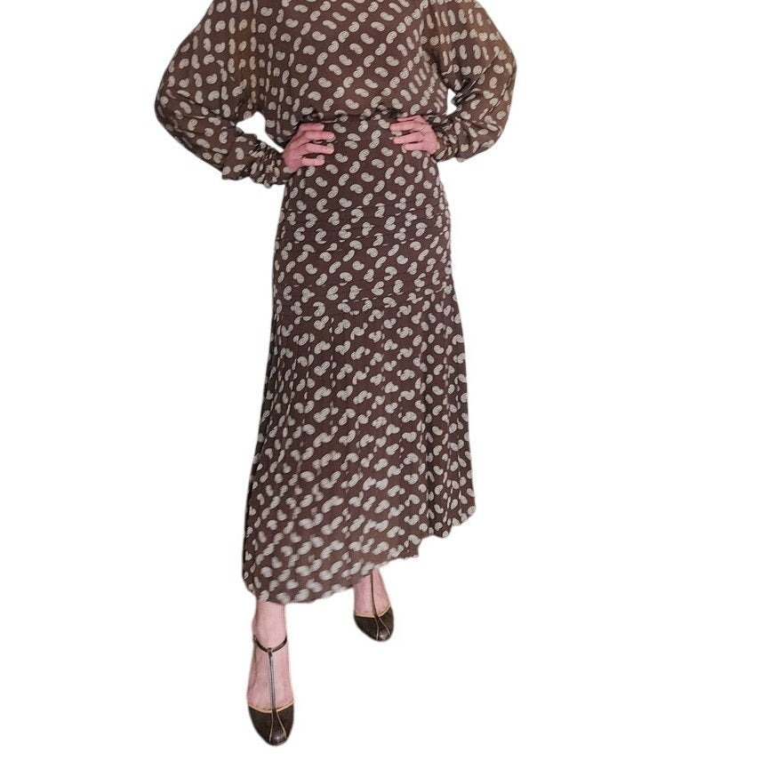 Vintage 1980s GENNY Blouse + Skirt Set Brown White Paisley Silkprint