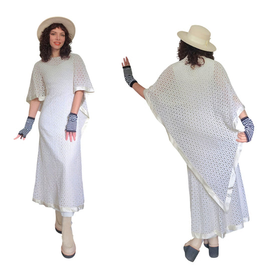 Vintage 70s White Maxi Dress Openwork Crochet Bridal Dress w/Capelet