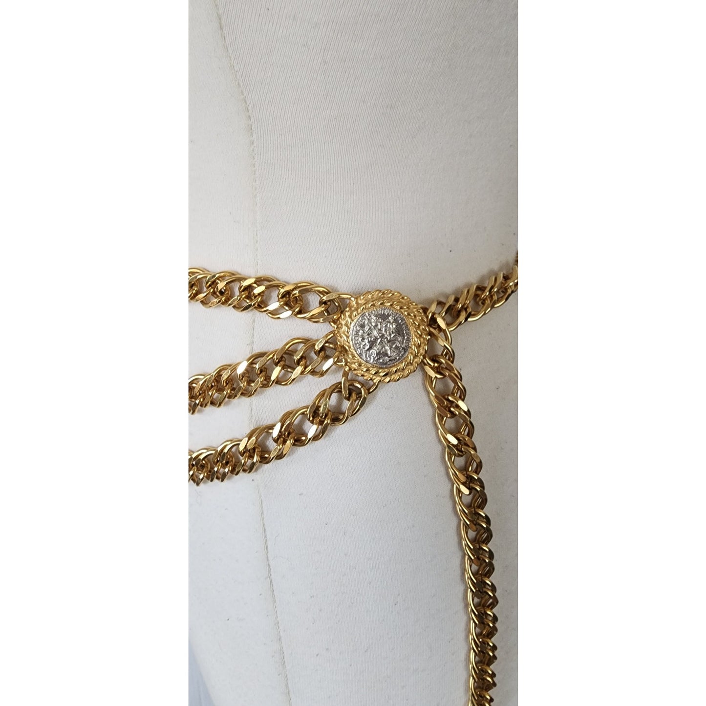 Vintage 90s Coin Belt Gold Chain Bellydancer St George & Silver Cross