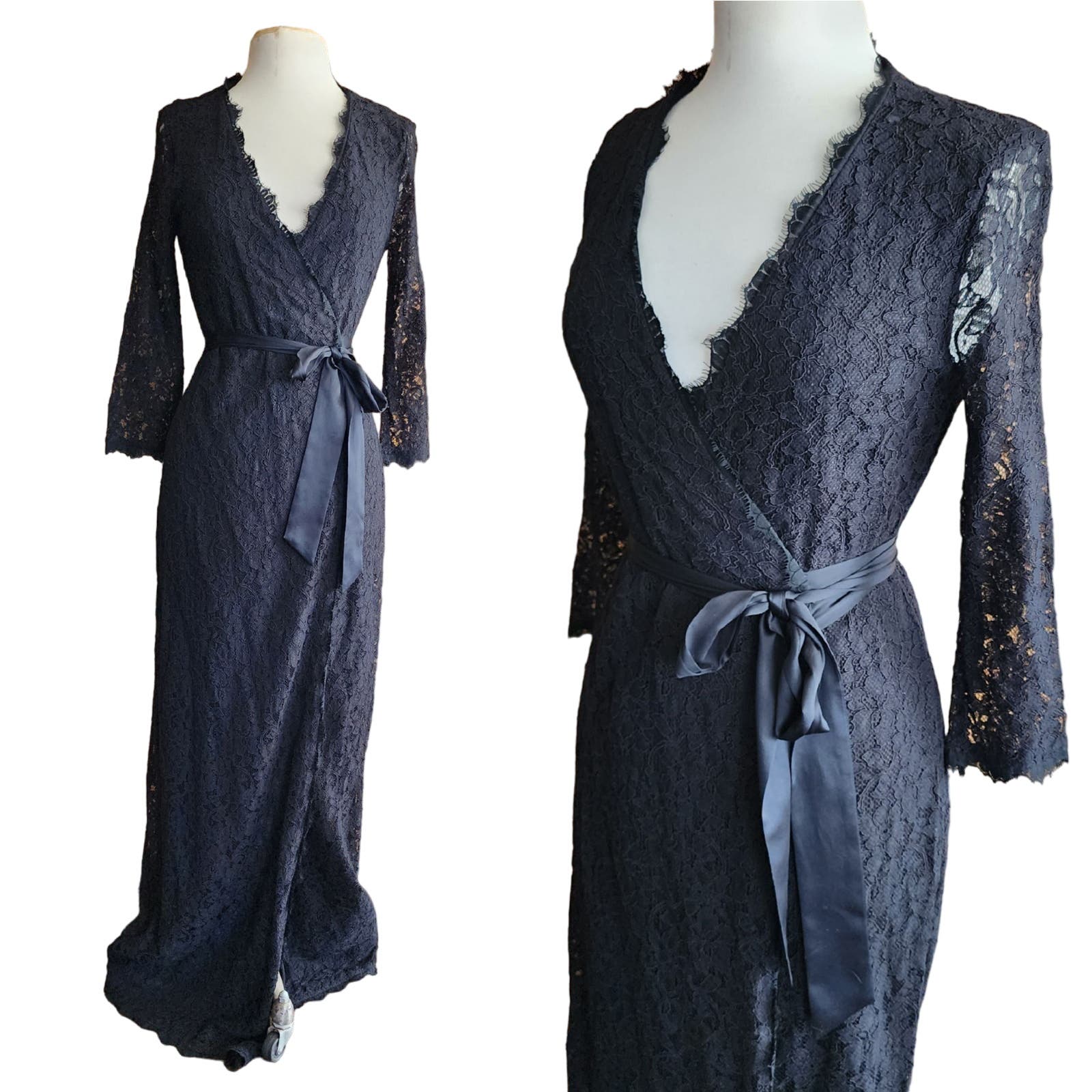 dvf black lace wrap dress Diane von Furstenberg Black Wool & Lace Inset Leandra Wrap Dress P Diane Von Furstenberg