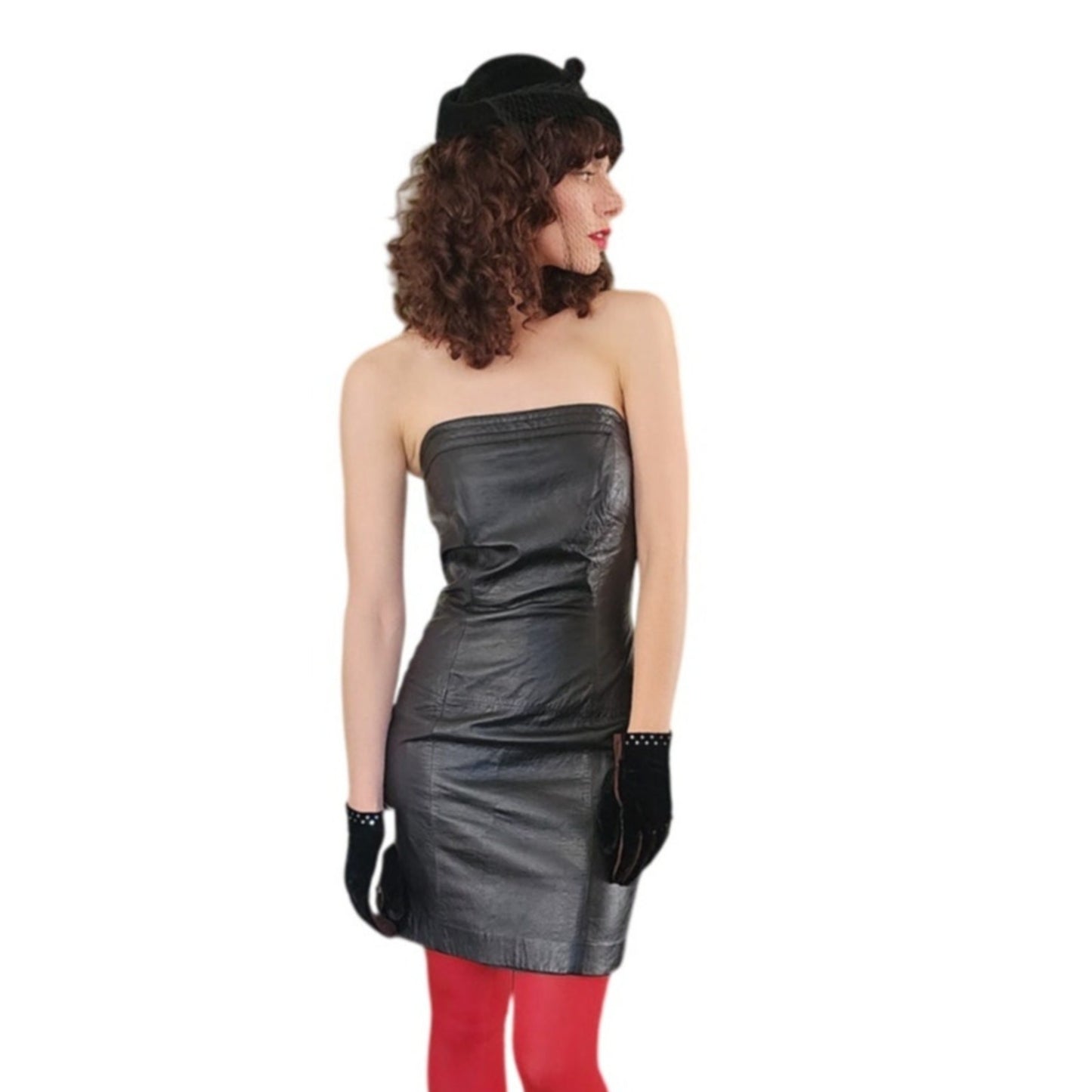 Vintage 90s Black Leather Strapless Dress Bodycon August Silk / S