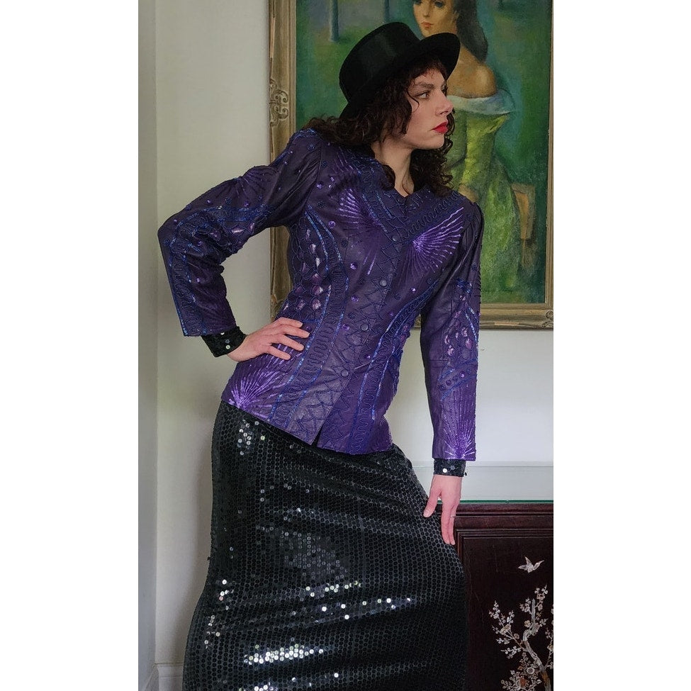 Vintage 80s Purple Leather Blazer Beaded Sequined Jacket French Collizioni / M