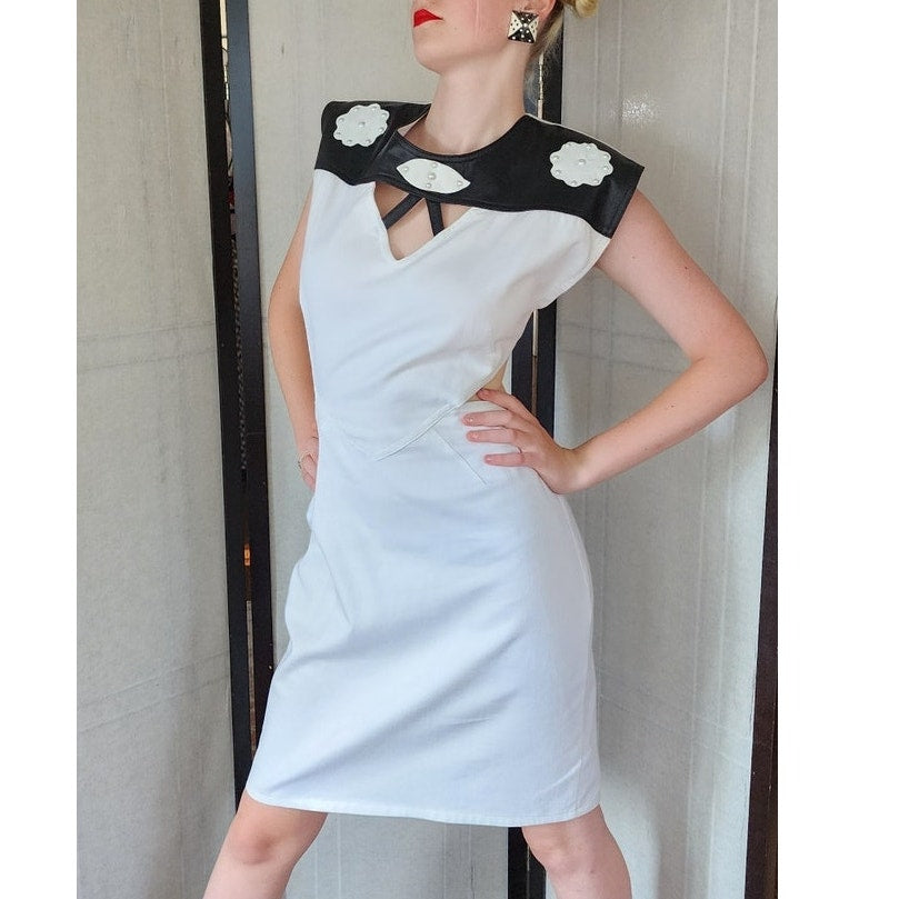 Vintage 80s Dress White Cotton Black Leather w/Cut Outs & Open Back