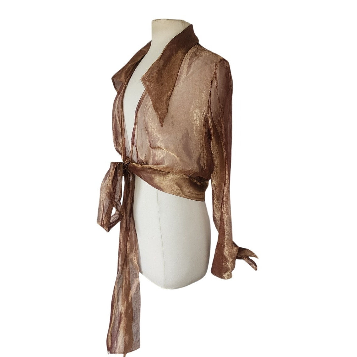 Vintage 90s Sheer Organza Blouse Jacket Copper Brown Sash Tie Belt