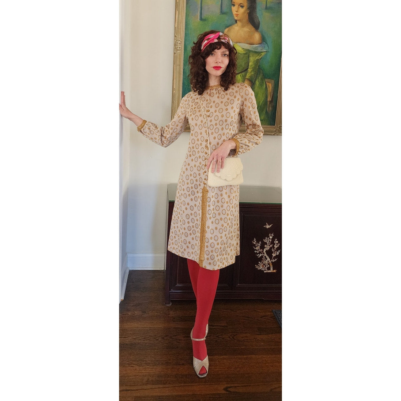 Vintage 60s Metallic Print Dress Beige Gold Tannel Knits / M