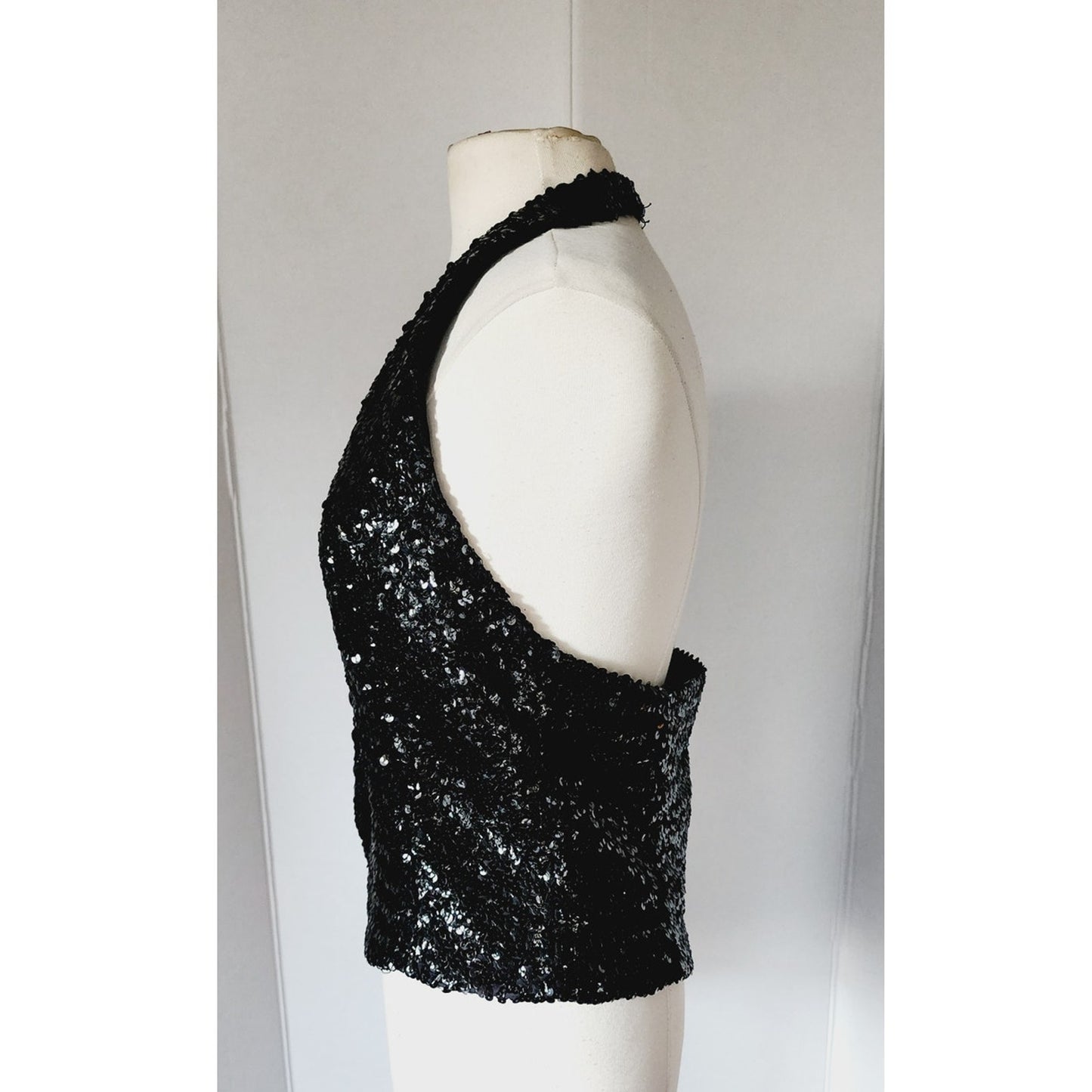 Vintage 70s 80s Halter Top Vest Black Sequins