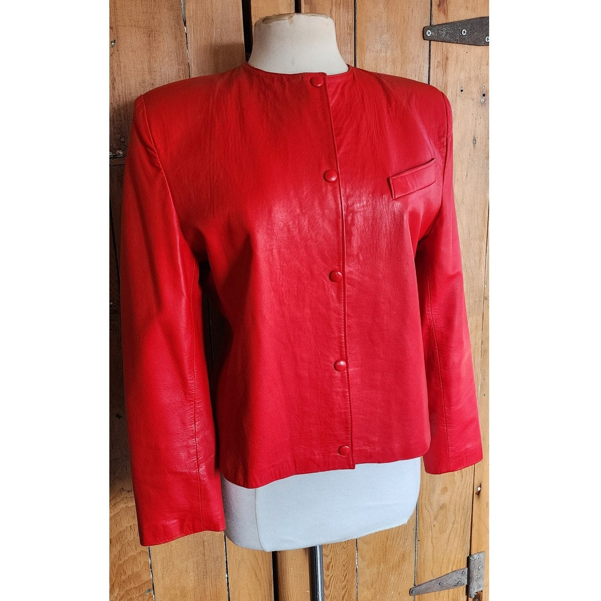 Vintage 80s Red Leather Jacket Snap Front Closure / S