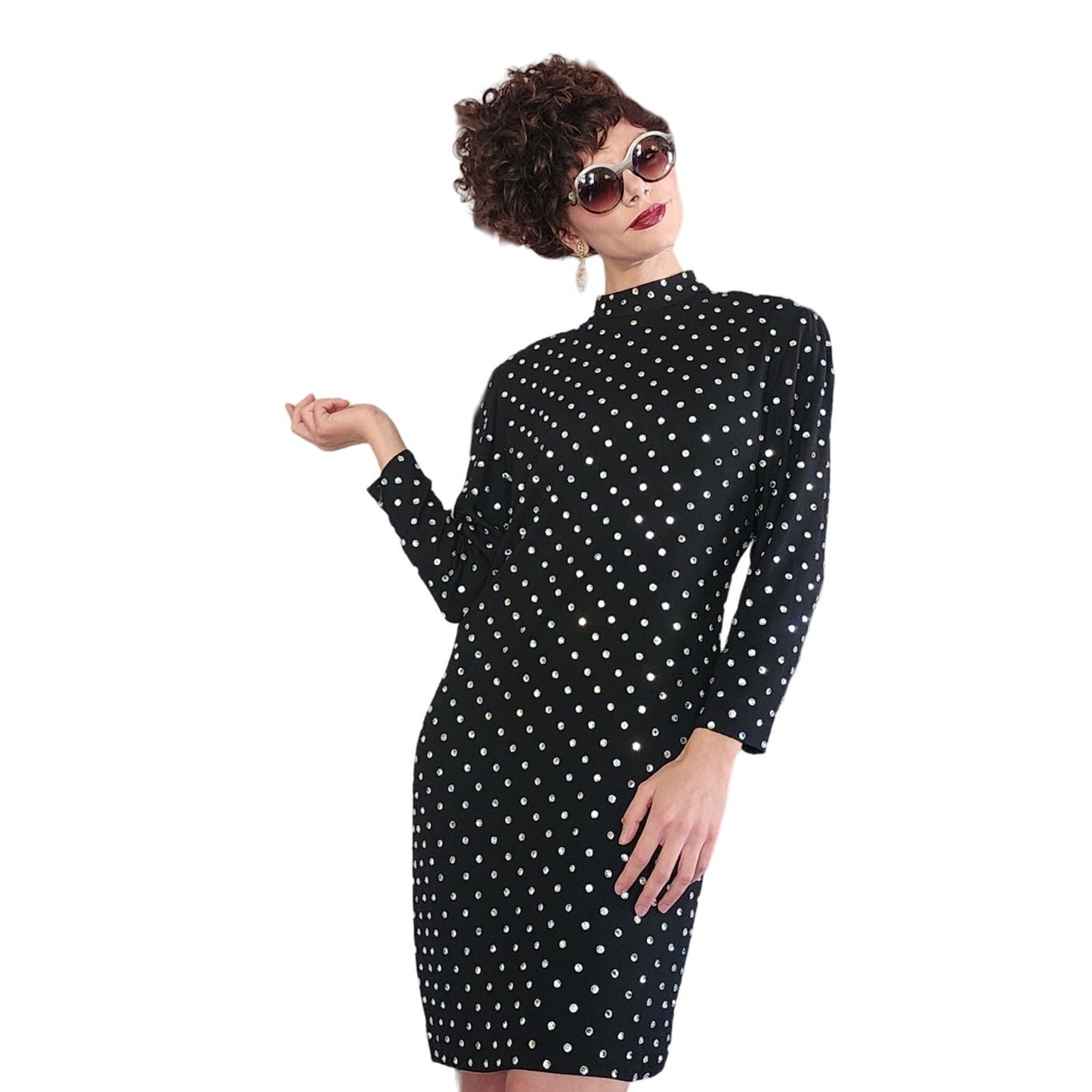 Vintage 80s Rhinestone Beaded Dress Black Long Sleeves by Richilene / M