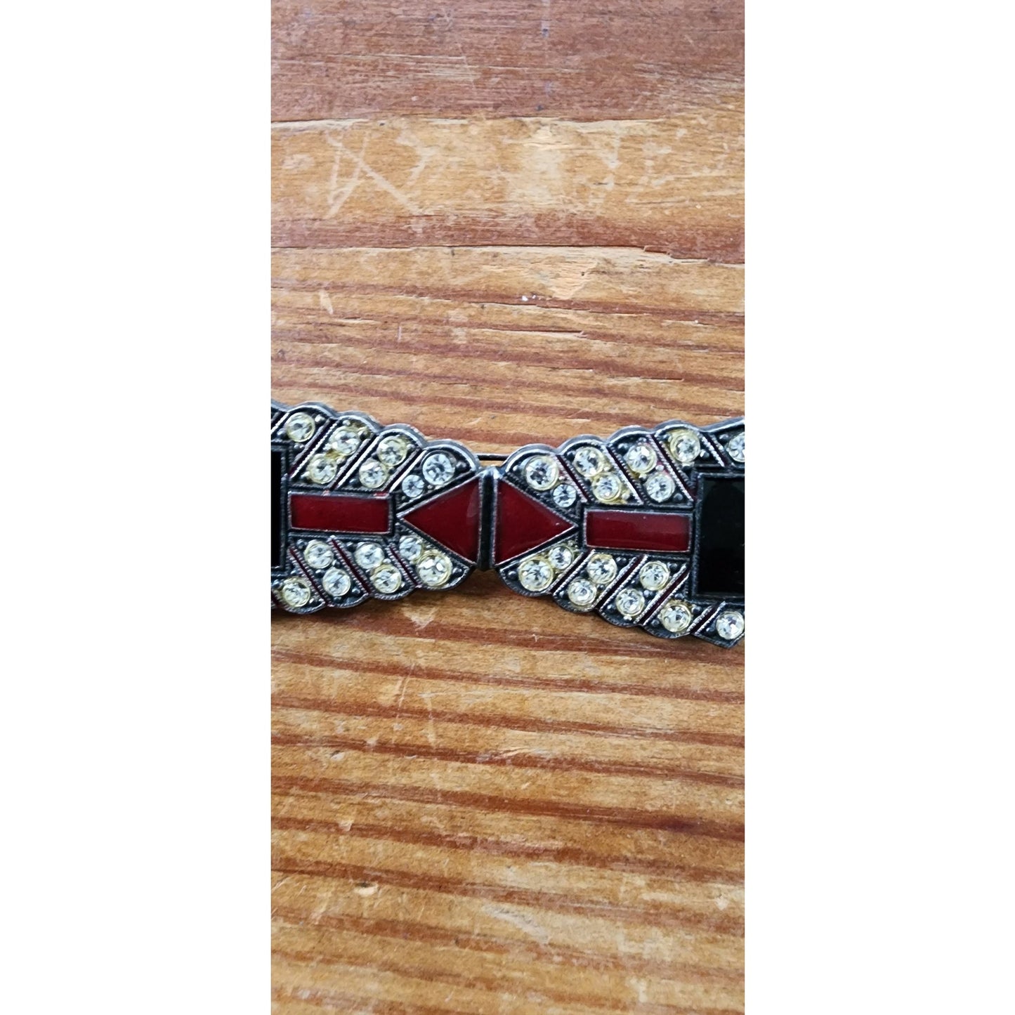 Vintage 30s Brooch Art Deco Bow Tie Pin Enamel & Rhinestone