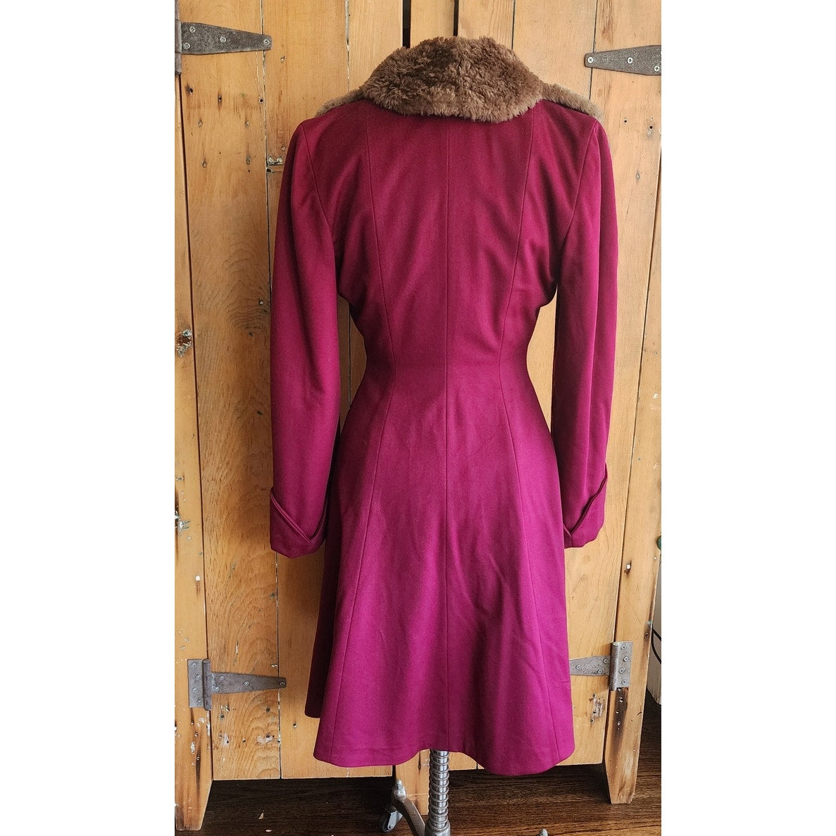 Vintage 1940s Purple Wool Princess Coat Sheared Beaver Fur Collar Double Breasted