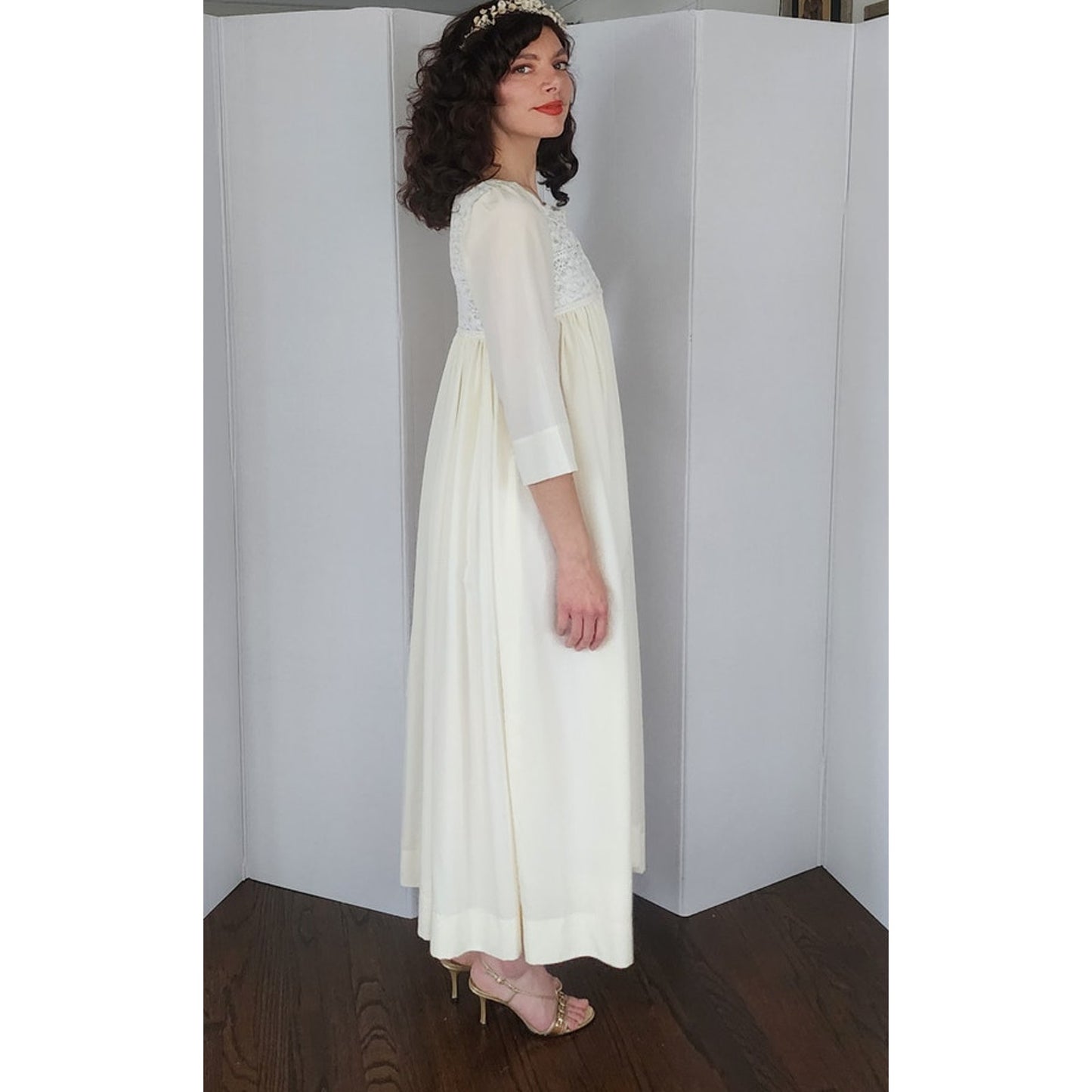 Vintage 70s Peignoir Cream Lace Robe & Long Slip Dress Iris Lingerie
