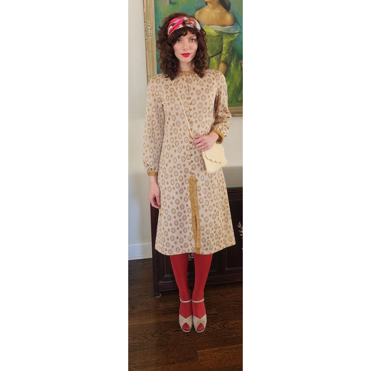 Vintage 60s Metallic Print Dress Beige Gold Tannel Knits / M