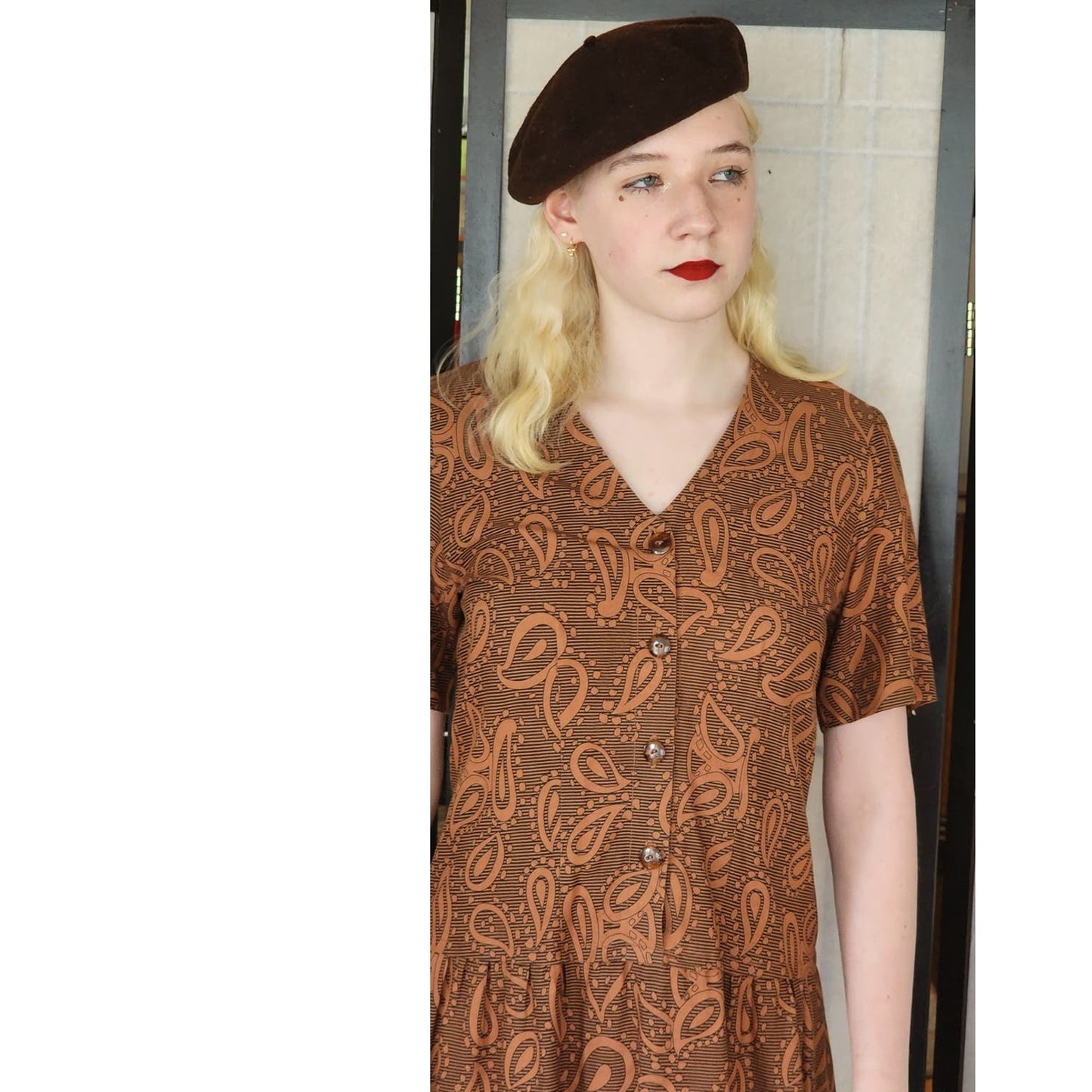 Vintage 60s Cotton Dress Brown Paisley Print Drop Waist