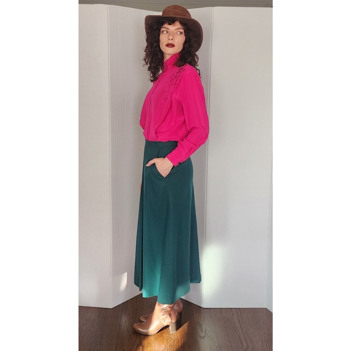 Vintage 80s Fuschia Pink Silk Blouse w/Embroidery Paul Alexander