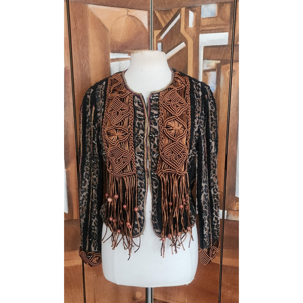 Vintage 90s Sandy Starkman Bohemian Crochet Embellished Fringe Jacket Art to Wear
