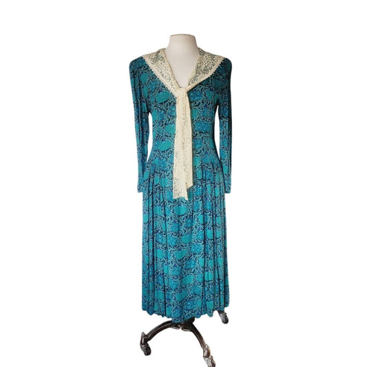 Vintage 1980s Dress Blue Rayon Print Cream Lace Shawl Collar Karin Stevens