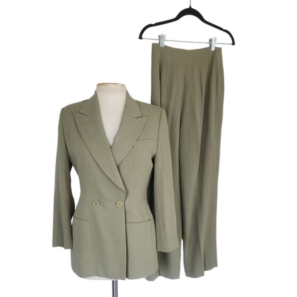 Vintage 90s Richard Tyler Pant Suit Green Wool Silk Blend / Small