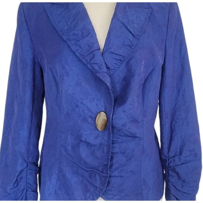 Vintage Escada Blue Blazer Printed Silk w/Agate Stone Button / L