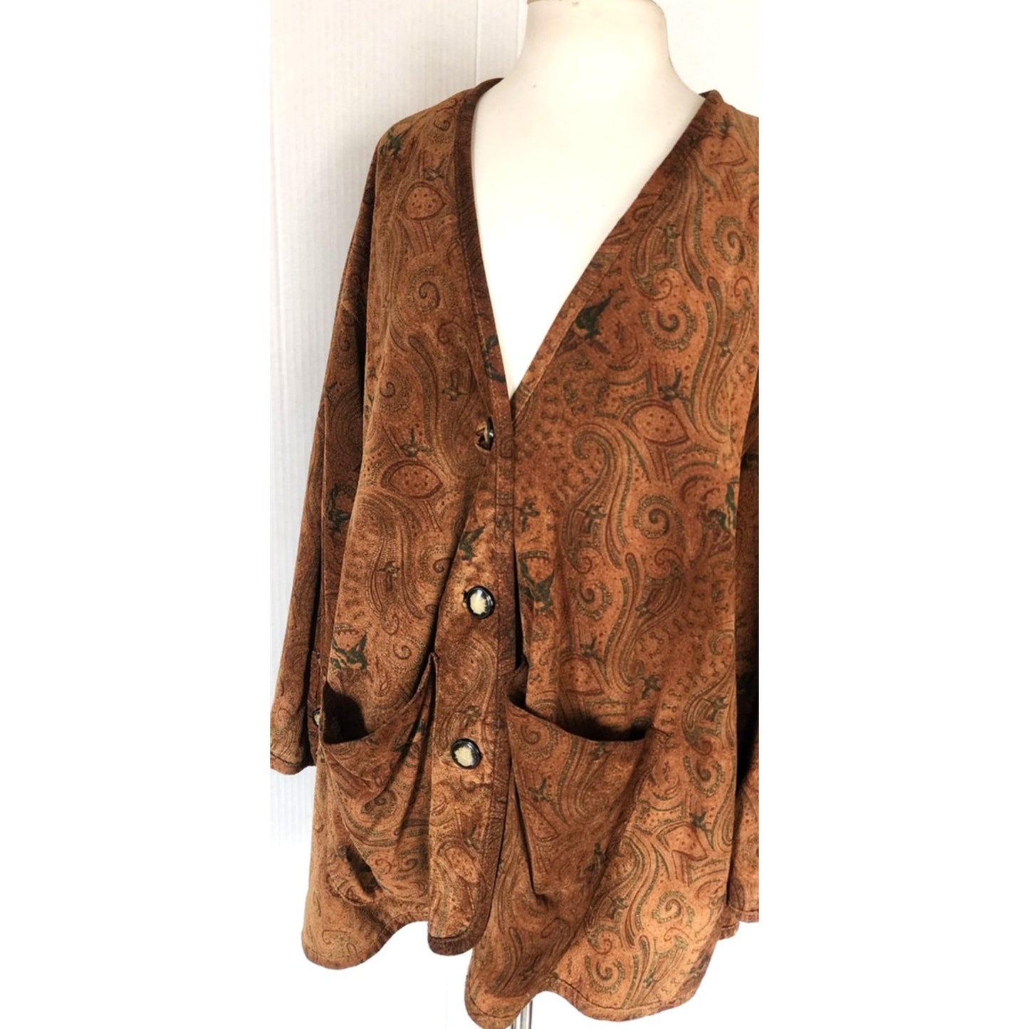 Vintage 90s Brown Suede Swing Jacket Paisley Print Giotti Firenze