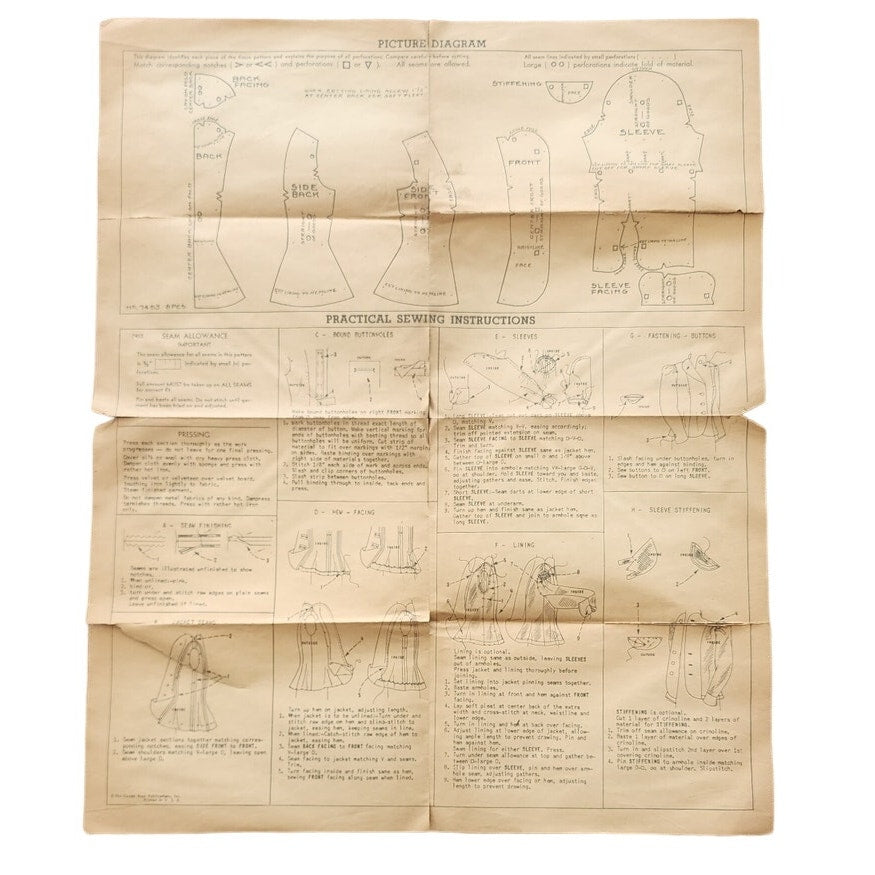 Vintage 40s Sewing Pattern: Fitted Jacket Vogue Pattern 7493 Bust 32